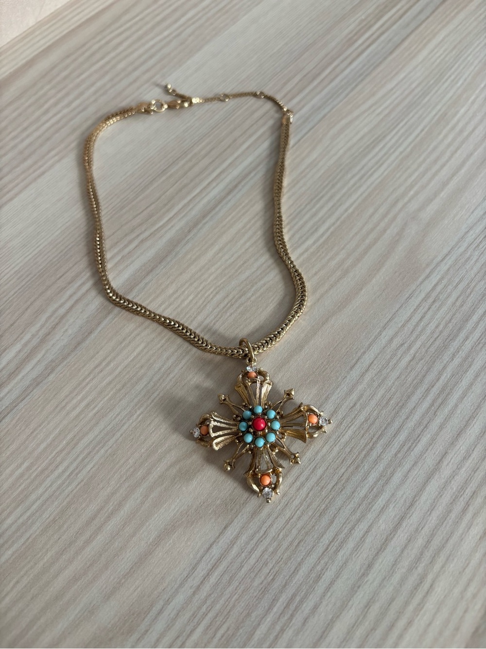 Express Gold-Tone Cross Necklace with Turquoise & Coral Accents